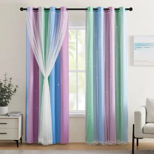 Miniatura 35 de XiDi Cortinas opacas con estrellas para habitaciones de niños, cortinas verdes para ventana de dormitorio de niños, azul y gris, 52 pulgadas de Azul