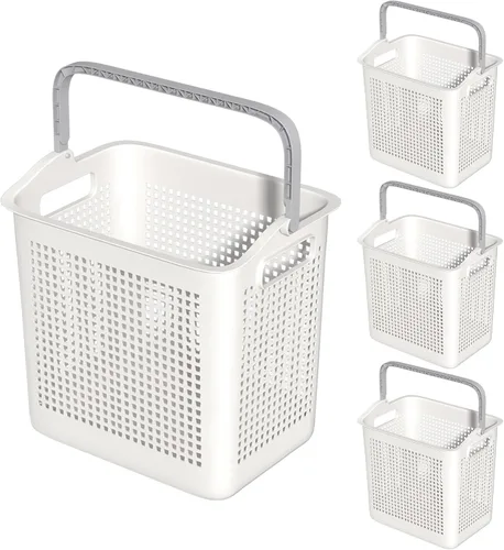 Paquete de 4 cestas de plástico para ropa sucia, cesta de almacenamiento de ropa sucia con asa, color blanco