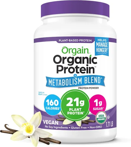 Orgain Mezcla de proteína orgánica + metabolismo en polvo, grano de vainilla, 0.74 oz de proteína vegetal, 0.18 oz de fibra prebiótica, sin