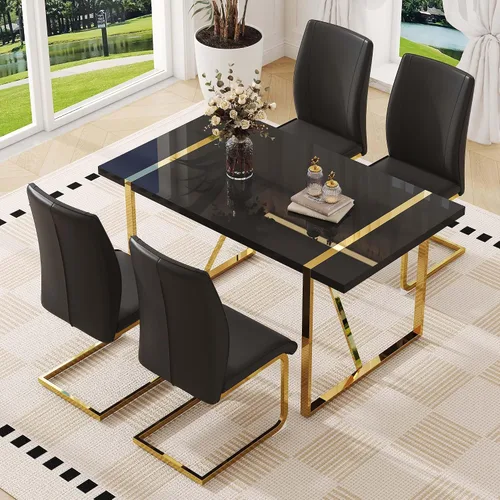 Miniatura 29 de Juego de mesa de comedor negra para 4, parte superior negra brillante de 55 pulgadas con patas de metal dorado, juego de mesa de comedor moderno