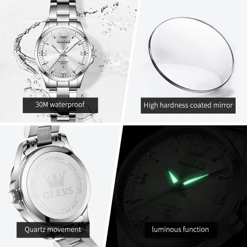 Miniatura 6 de OLEVS Reloj de pulsera para mujer, elegante, con diamantes, analógico, de cuarzo, de dos tonos, de acero inoxidable, impermeable, luminoso