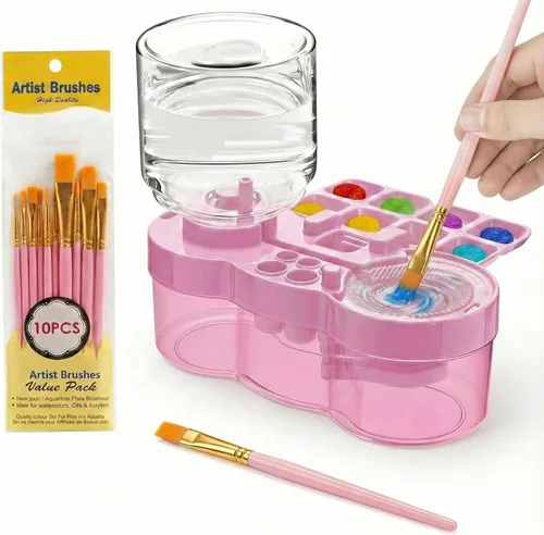 Herramienta limpiadora de pinceles con 10 pinceles de pintura, enjuague de pincel de ciclo de agua con soporte y paleta, enjuague mis pinceles,