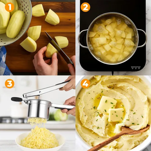 Miniatura 9 de Prensador de Papas de 15oz, Prensador de Papas de Acero Inoxidable Resistente con 3 Discos Intercambiables, Prensador y Herramienta de Cocina Grande