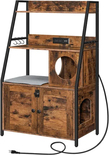Miniatura 10 de HOOBRO Caja de arena con 2 estantes de almacenamiento, mueble alto para caja de arena oculto con estación de carga, mueble para caja de arena oculta