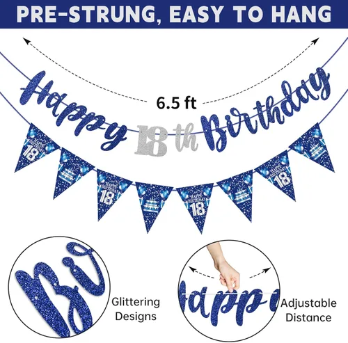Miniatura 3 de Decoración de cumpleaños número 18 azul y plateado para niños y niñas, pancarta de feliz cumpleaños 18 con estrellas de dieciocho años de edad