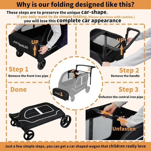 Miniatura 5 de Cochecito grande de 4 plazas, 2, 3, niños pequeños, color negro Car Shaped, Foldable, All Terrain, Removable Canopy, 5 Point Harness, Travel