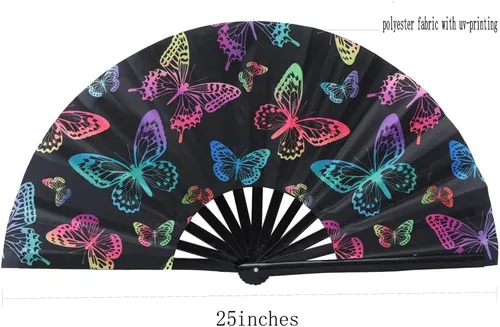 Miniatura 12 de HeyToo Ventilador de mano grande para mujeres/hombres, con brillo UV, para Drag Queen, cosplay, EDM, club, fiesta, música, festival, baile, Cuadrado
