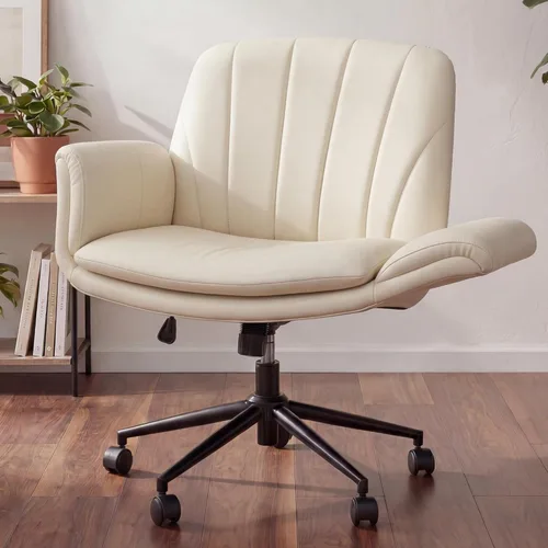 Miniatura 10 de Dowinx Silla Criss Cross con brazos y ruedas ajustables de cinco niveles - Cómoda silla giratoria ergonómica de cuero PU para tocador - Silla