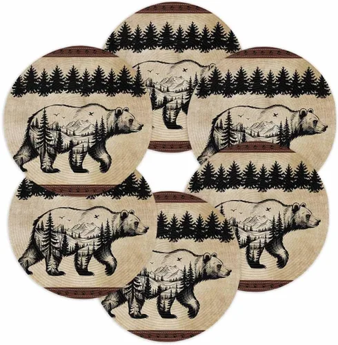 Miniatura 15 de Juego de 2 manteles individuales redondos vintage con diseño de oso negro y pino, manteles individuales lavables de tejido retro rústico