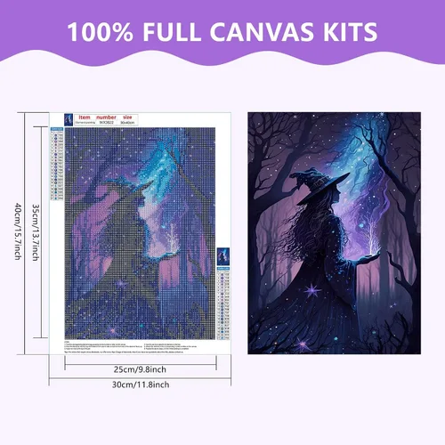 Miniatura 2 de SENQAO Kits de pintura de diamantes para adultos, kit de arte de diamantes retro 5D, bruja de Halloween, pintura de gemas de diamante, manualidades