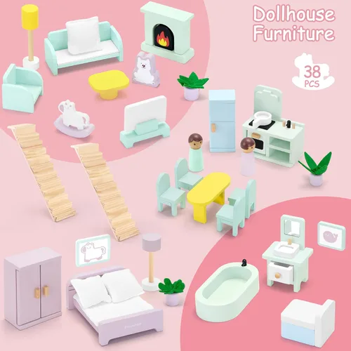 Miniatura 6 de Pillowhale Casa de muñecas grande de madera, casa de muñecas de 3 pisos con 38 piezas de muebles y accesorios, pisos de concepto abierto, balcón