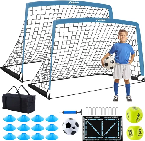 Miniatura 10 de 2 Set Kids Soccer Goals for Backyard with Training Equipment, Portable Foldable Practice Nets with Ball, Dice & Mat, Cones, Air Pump and Carry Bag