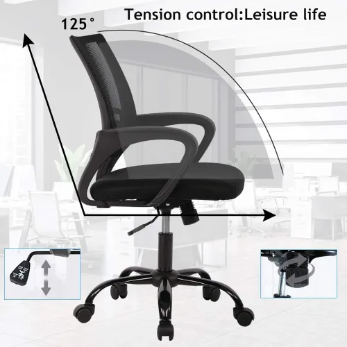 Miniatura 6 de Silla de escritorio para computadora, ergonómica, respaldo medio, silla de malla con soporte lumbar y reposabrazos, moderna, altura ajustable, Negro