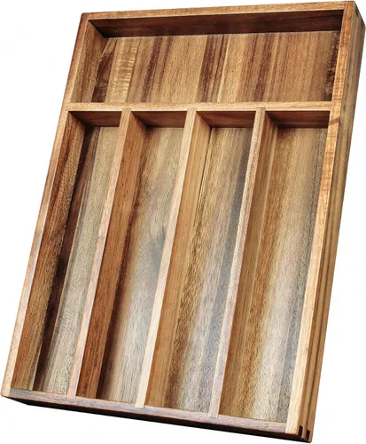 KITEISCAT Organizador de cubiertos de madera de acacia, organizador de cajones de utensilios de cocina para tenedores, cuchillos y cucharas, bandeja