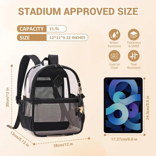Miniatura 2 de MUSEVOS Mochila transparente para eventos de estadio aprobada 12x6x12, bolsa mini transparente de TPU gruesa con bolsillo frontal para conciertos