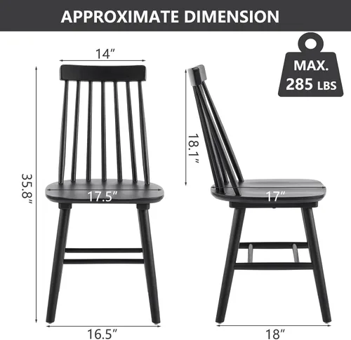 Miniatura 2 de Juego de 2 sillas de comedor negras, sillas de comedor de granja con respaldo de husillo, sillas de comedor sin brazos de madera maciza para cocina