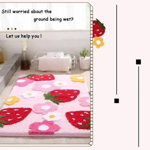 Miniatura 4 de Tapete de baño suave y acogedor con diseño de fresa, antideslizante, lavable, tapete lanudo para dormitorio, tapete absorbente de flores, tapete