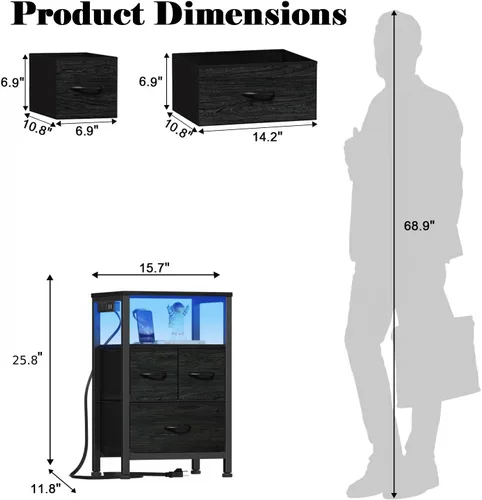 Miniatura 3 de Furnulem Mesita de noche negra con estante de madera, mesa auxiliar con luz LED y estación de carga, mesita de 25.8 pulgadas con 3 cajones