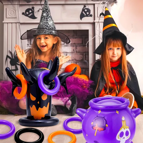 Miniatura 6 de Juego de lanzamiento de anillos de Halloween, inflable, espeluznante, juego de lanzamiento de brujas para niños, suministros de fiesta de Halloween