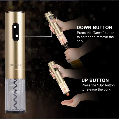 Miniatura 5 de Secura Abridor de vino eléctrico, sacacorchos automático de botellas con cortador de papel de aluminio, recargable (oro champán)