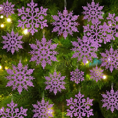 Miniatura 21 de Decoraciones para árbol de Navidad, adornos de copo de nieve, 36 piezas de copos de nieve colgantes de plástico con purpurina azul y plateado