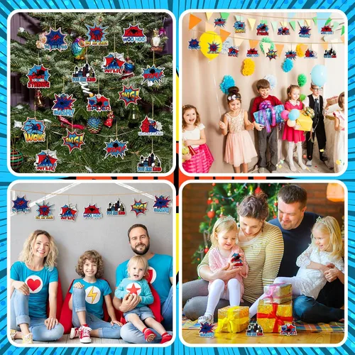 Miniatura 6 de Yookeer 24 adornos de araña, adornos de madera de telaraña roja y azul, con cuerda colgante, decoración de fiesta de héroe para árbol y decoración