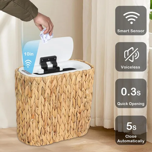 Miniatura 2 de Trongee Bote de basura bohemio con tapa, cubo de basura pequeño de ratán de 3 galones con tapa superior de presión, cesta de basura delgada