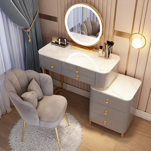Miniatura 20 de Tocador, tocador de maquillaje con taburete acolchado, tocador con espejo iluminado LED y mesa auxiliar, mesa de maquillaje con 3 cajones