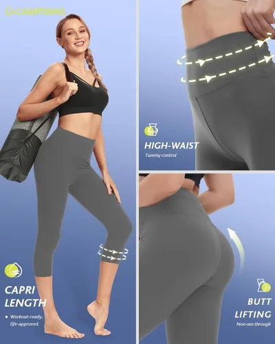 Miniatura 3 de Paquete de 4 leggings capri para mujer, pantalones capri de cintura alta, control de abdomen, pantalones de yoga con bolsillos, mallas de ciclismo