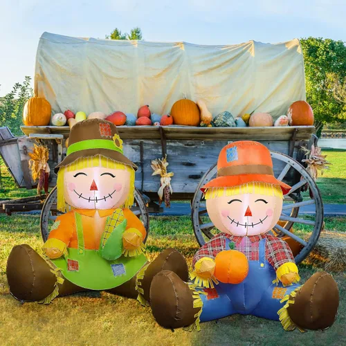 Miniatura 6 de Lulu Home Decoración inflable de otoño de 3.3 pies, juego de 2 espantapájaros soplados con aire para parejas con luces LED integradas para cosecha