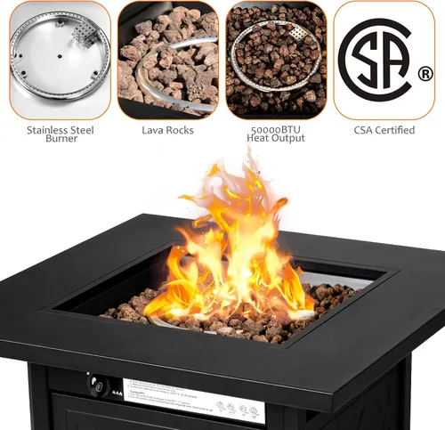 Miniatura 9 de COSTWAY Mesa para fogata de propano al aire libre de 28 pulgadas, mesa de gas para patio de 50,000 BTU, mesa cuadrada 2 en 1 con tapa y rocas