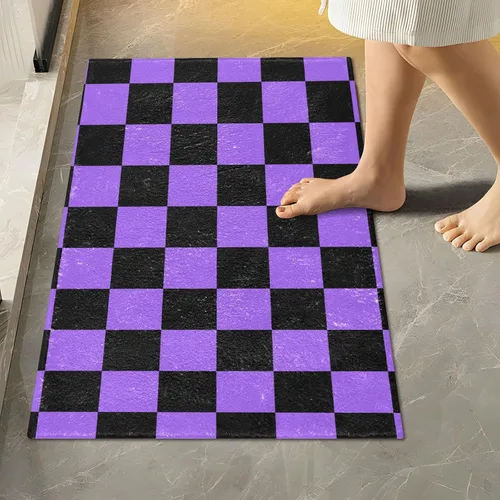Tapete de baño a cuadros negros y morados, suave, absorbente, lavable, tapete de baño para suelo de baño, tapete de baño antideslizante para baño,