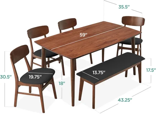 Miniatura 7 de Best Choice Products Juego de comedor de madera de 6 piezas, mesa moderna de mediados de siglo y sillas tapizadas con asiento de banco, patas