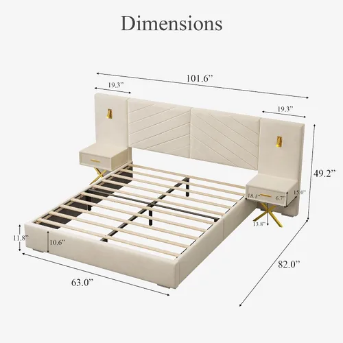 Miniatura 2 de DEINPPA Base de cama Queen de lujo con luces LED doradas integradas y mesitas de noche, cama de plataforma tamaño Queen con cabecera tapizada
