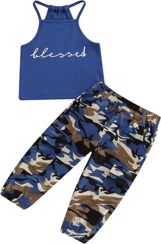 Miniatura 115 de Mandizy Conjunto de ropa de otoño para bebé niña pequeña, sudadera de manga larga con estampado de letras bendecidas, pantalones de camuflaje