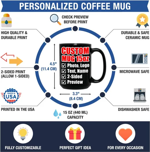 Miniatura 6 de Taza de café personalizada – Tazas personalizadas con texto en imagen, nombre de foto personalizado, logotipo, taza de cerámica – Cumpleaños, Negro