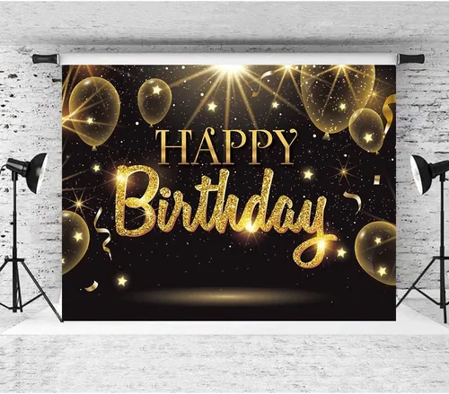 Miniatura 4 de Telón de fondo negro dorado para decoración de fiesta de feliz cumpleaños, cartel de globos dorados con purpurina y estrella para cumpleaños, telón