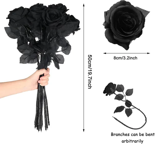 Miniatura 2 de Whaline Paquete de 12 rosas artificiales de seda, rosas negras, rosas falsas románticas realistas con tallos largos para fiestas de Halloween