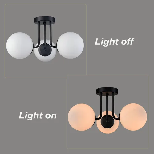 Miniatura 8 de Lámpara de techo semiempotrada moderna de metal negro de 3 luces con pantalla de vidrio de globo blanco, lámpara de montaje en techo para pasillo