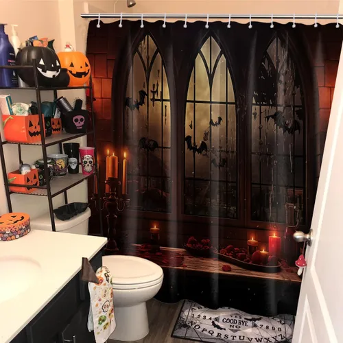 Miniatura 8 de Cortina de ducha de Halloween, diseño de mansión embrujada gótica espeluznante, juego de cortinas de baño de castillo de murciélago gótico Embrujado