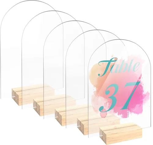 Bercoor Paquete de 5 carteles acrílicos de arco transparente en blanco de 5 x 7 pulgadas con soportes de madera, hoja acrílica arqueada, números de