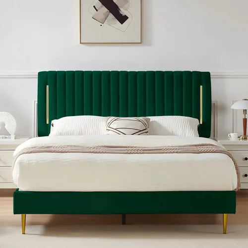 Miniatura 11 de Furnify Armazón de Cama de Plataforma Twin, Marco de Cama Tapizado en Terciopelo con Cabecera Ajustable de Canal Vertical, Ribete de Enchapado