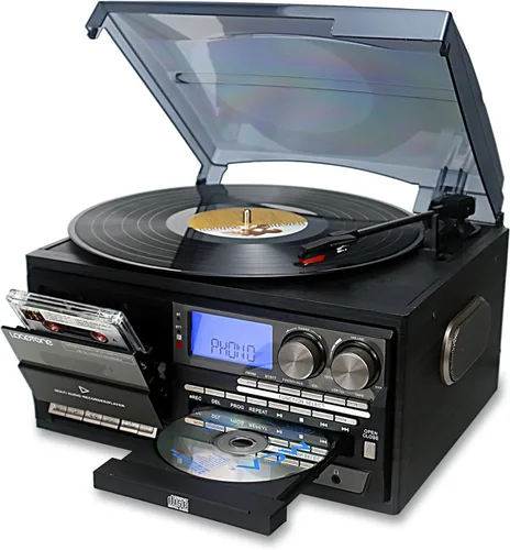 LoopTone Reproductor de Discos de Vinilo 10 en 1, 3 Velocidades, Bluetooth, Tocadiscos Vintage, Reproductor de CD y Cassette, Radio AM/FM, Grabadora