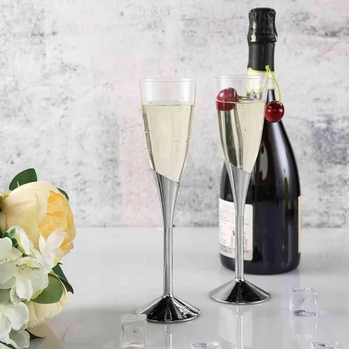 Efavormart - Juego de 6 copas de champán de plástico plateado de 5 onzas con base desmontable, elegantes vasos desechables para recepciones,