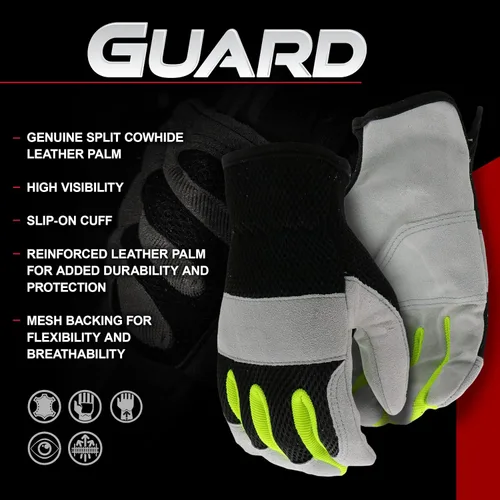 Miniatura 8 de BOSS Guantes de trabajo de piel de vaca dividida para hombre, de alta visibilidad, acolchado de nudillos, resistente a desgarros, respaldo de malla