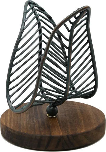 Miniatura 10 de OwlGift Servilletero moderno independiente con hoja de metal de bronce y diseño de base de madera marrón, dispensador de pañuelos de mesa