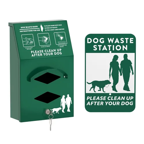 Dispensador de bolsas de aluminio para perros al aire libre con letrero de recogida después de tu perro, dispensador de bolsas de excremento montado