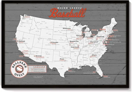 GeoJango Mapa de estadio de béisbol enmarcado, edición de madera, regalo deportivo para fanáticos del béisbol, incluye 35 pines de mapa rojo (negro)