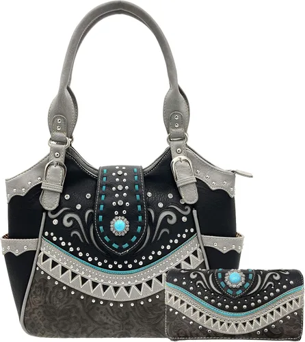 Conjunto de cartera con tachuelas y diseño floral rústico occidental, corte láser, color turquesa