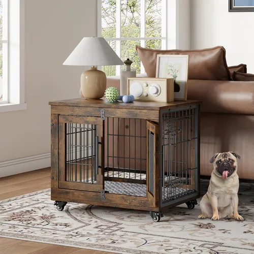 Miniatura 3 de YaFiti Mueble de jaula para perros con cojín, perrera de madera para interiores con puertas dobles, jaula para perros con ruedas, mesa auxiliar
